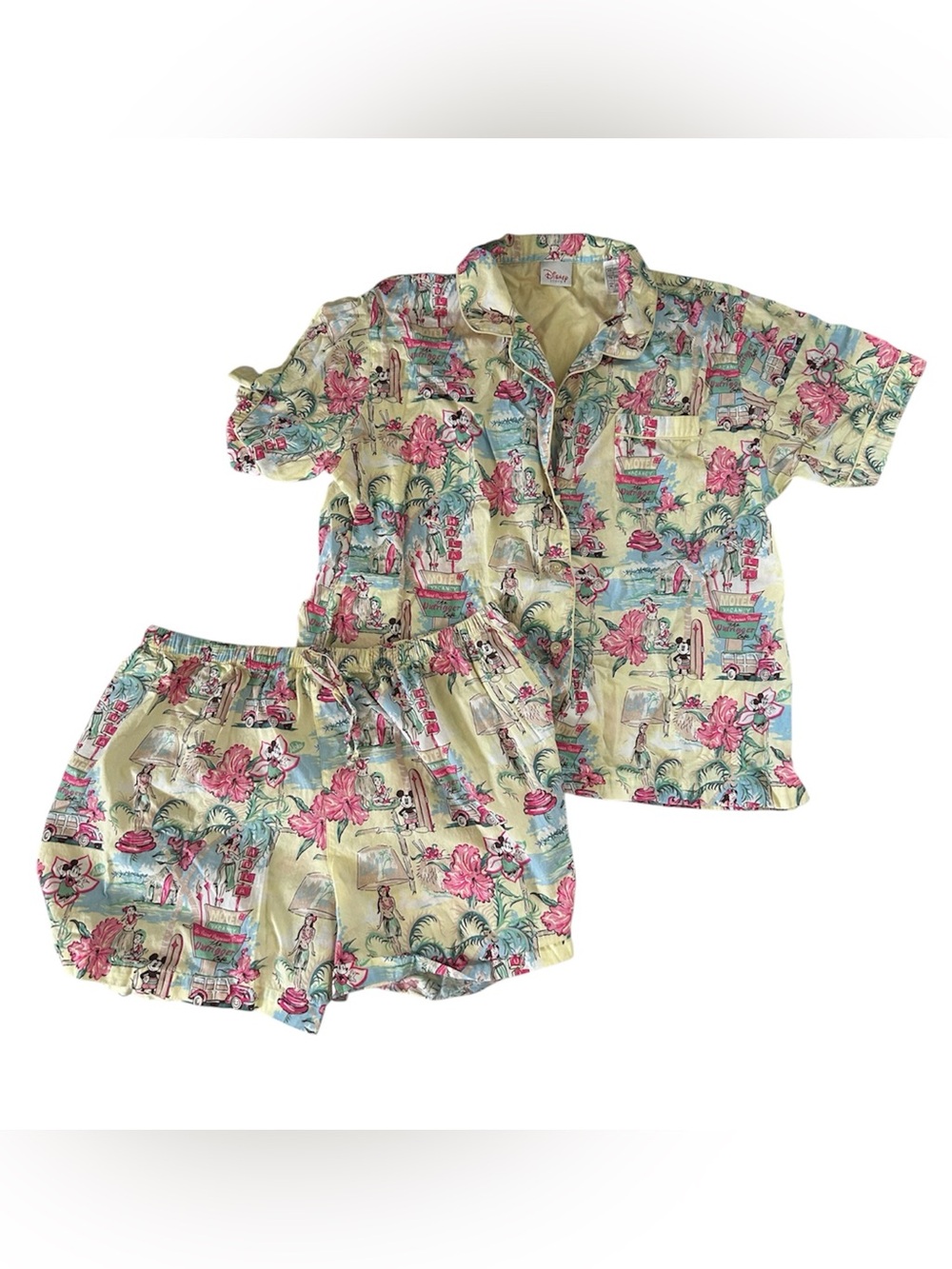 Disney Womens Tropical Mickey Pajama Set - Yellow, Pink & Blue Size XL